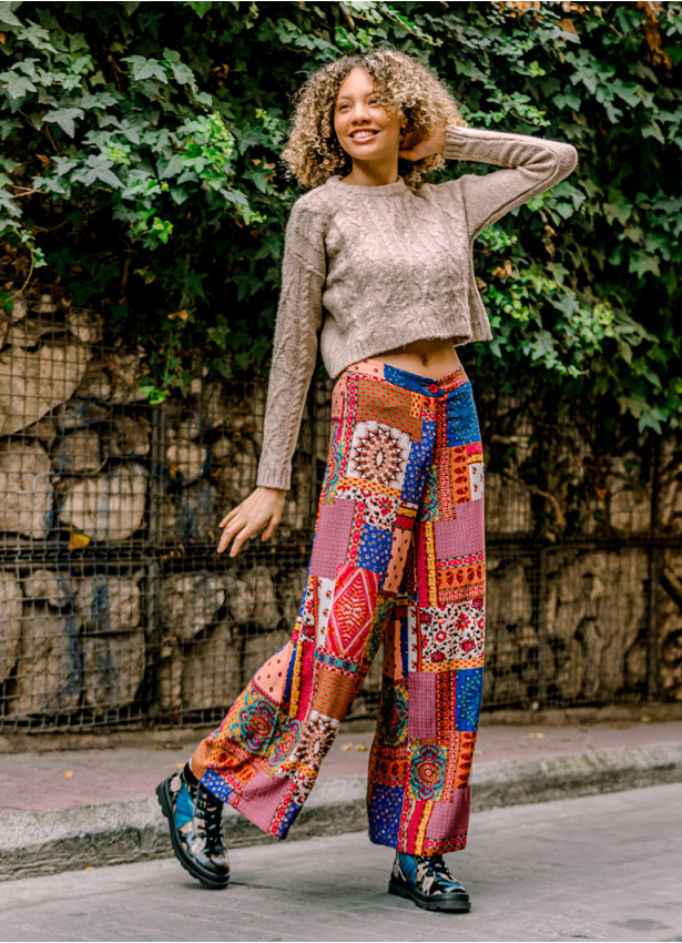 Palazzo Yüksek Bel Bol Kesim Kırmızı Desenli Pantolon 6580